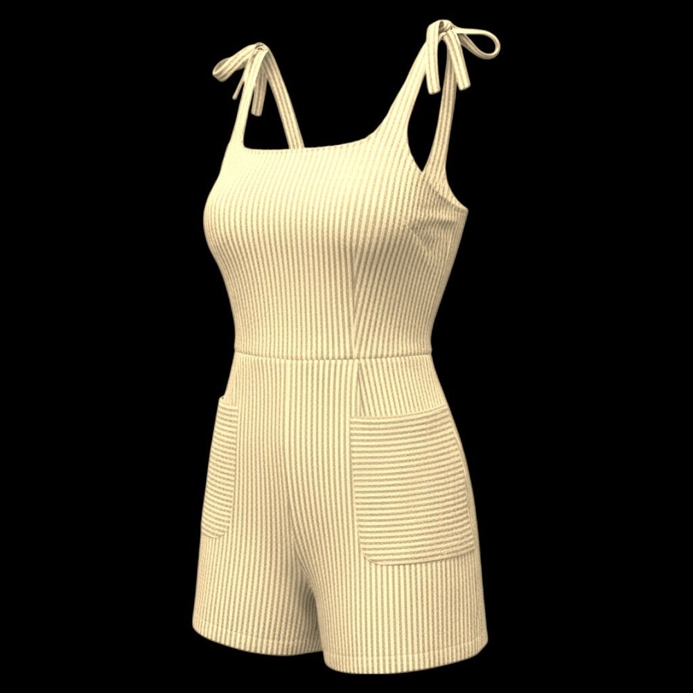 Yellow White Striped Tie Shoulder Romper Smocked Back Pockets Size Large